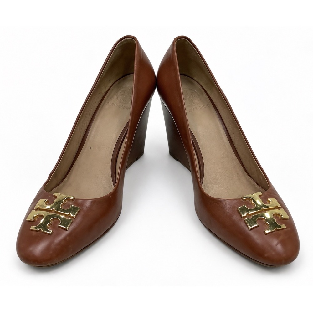 Tory Burch Sally Wedge Pumps Women 8.5M Tan Leather Good Gold Logo Heels